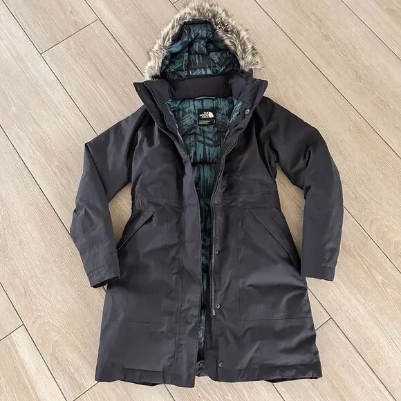 The North Face Long Hyvent Arctic Parka Down Fur Hood Blue Coat Size S - Picture 1 of 8